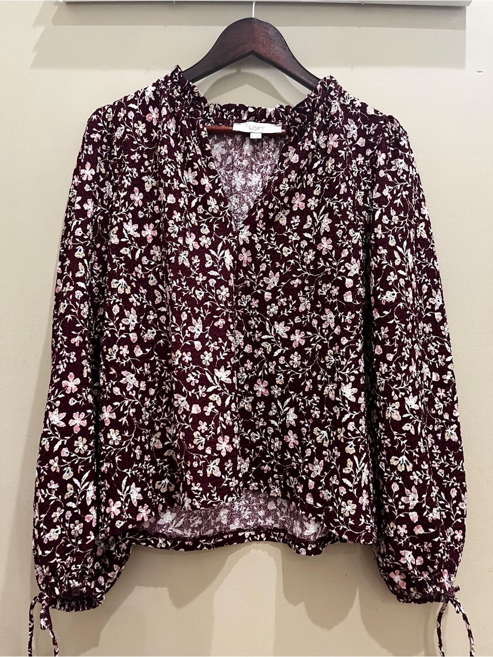 LOFT Burgundy Floral V-Neck Tie-Sleeve Blouse